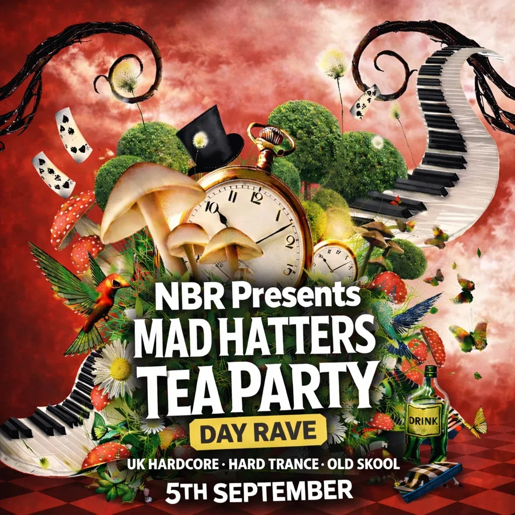 Flyer for Natural born  Raver's present Mad hatters tea party