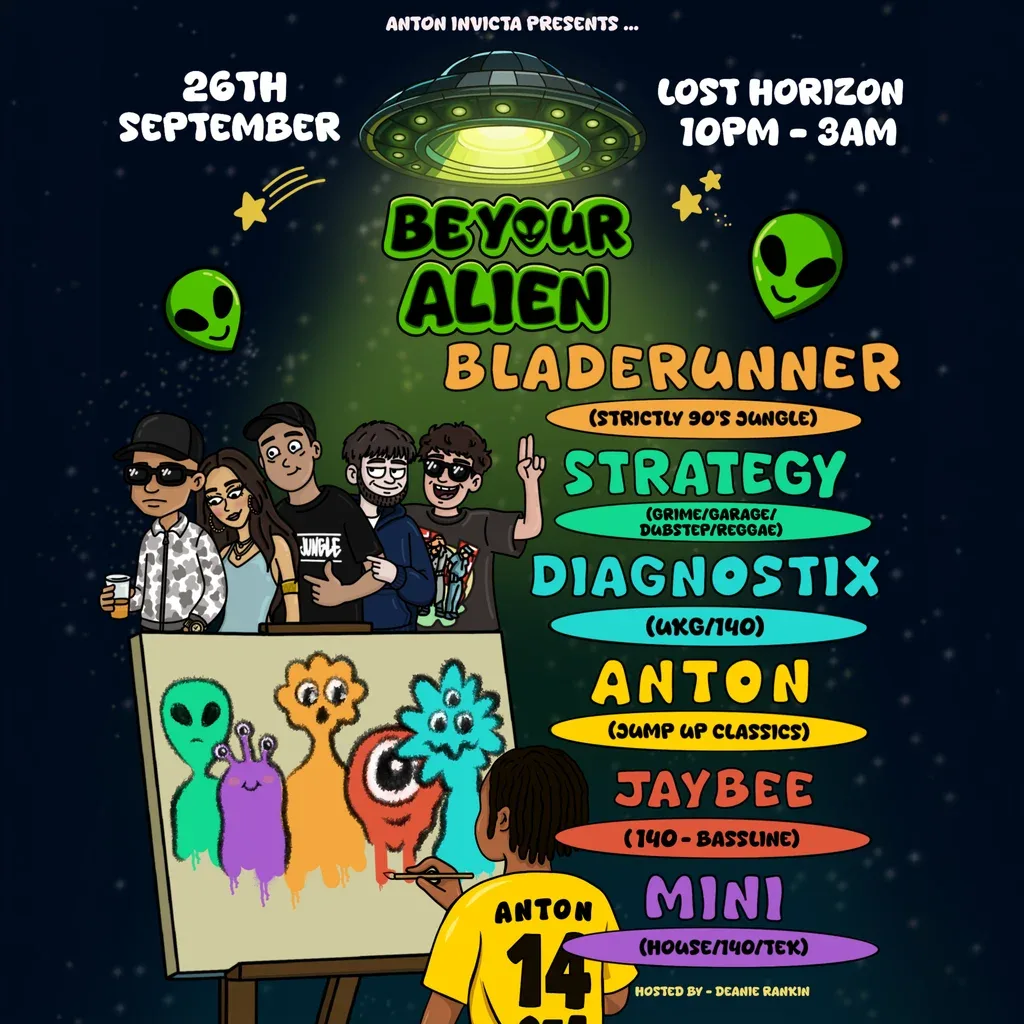 Flyer for Anton Invicta Presents: Be Your Alien #2