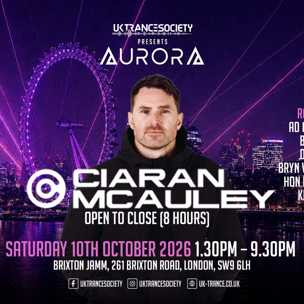 Flyer for UK Trance Society presents Aurora w/ Ciaran McAuley
