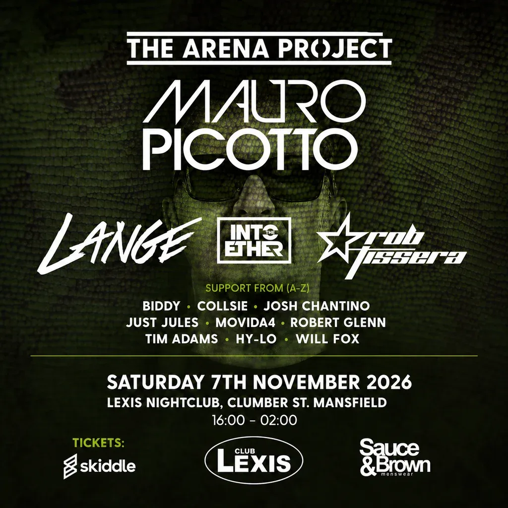 Flyer for The Arena Project pres Mauro Picotto, Lange & Rob Tissera