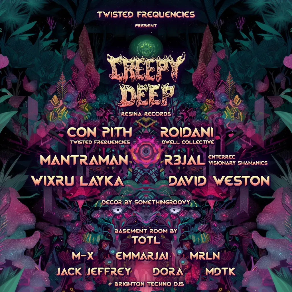 Flyer for TWISTED FREQUENCIES present CREEPY DEEP & more | Room 2 by TOTL