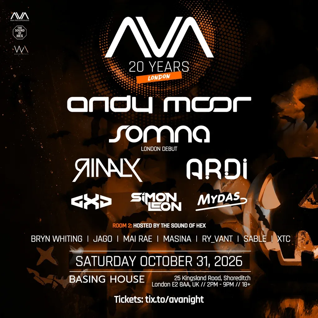 Flyer for AVA Night London - AVA Recordings 20 Year Anniversary