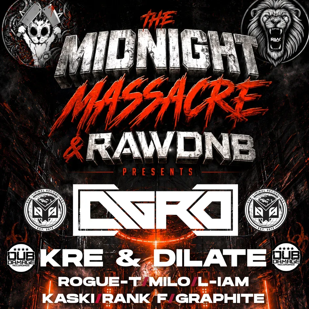 Flyer for The Midnight Massacre & RAWDNB Presents AGRO KRE & DILATE