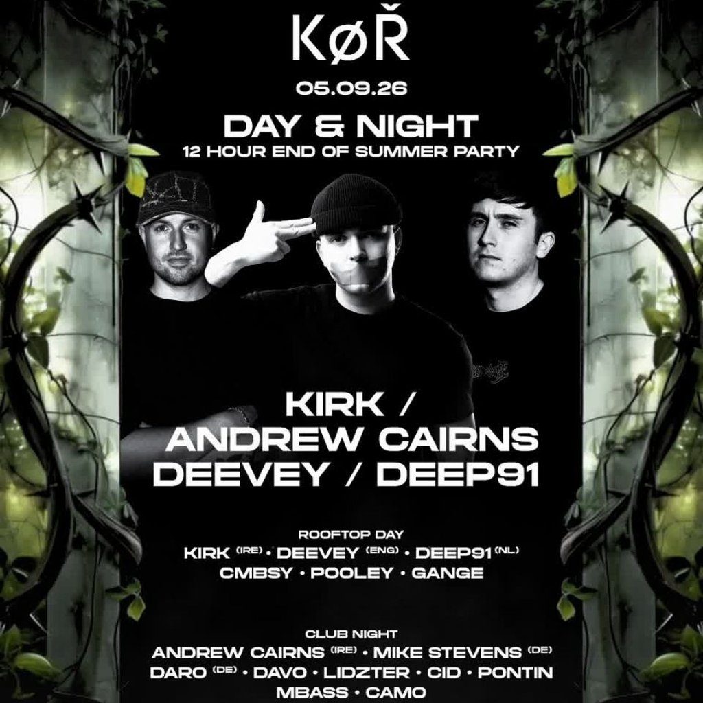 Flyer for KØR Rooftop & Night Cardiff w/ KIRK / ANDREW CAIRNS / DEEVEY