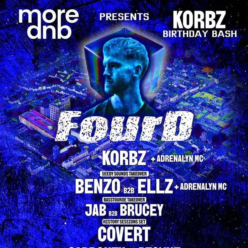 Flyer for MORE.DNB Presents KORBZ Bday Bash With HEADLINER - FourD