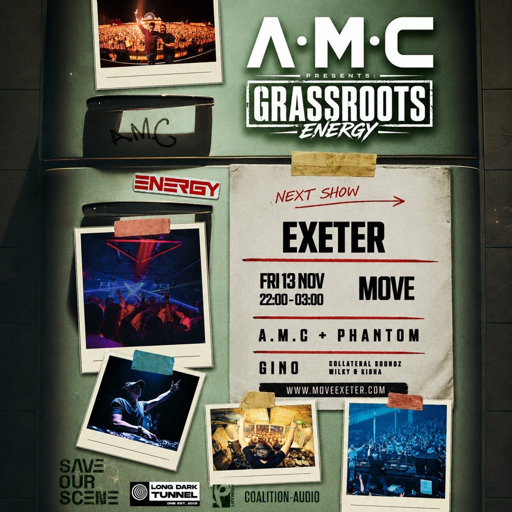 Flyer for A.M.C + PHANTOM, GINO + more | 13.11.26 | Move Exeter