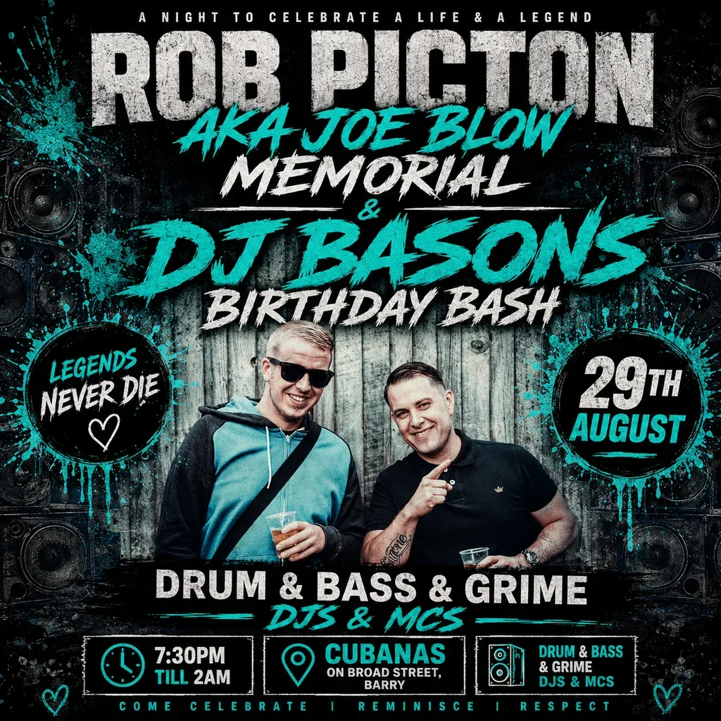 Flyer for Joe blow aka rob picton memorial & dj bason birthday bash