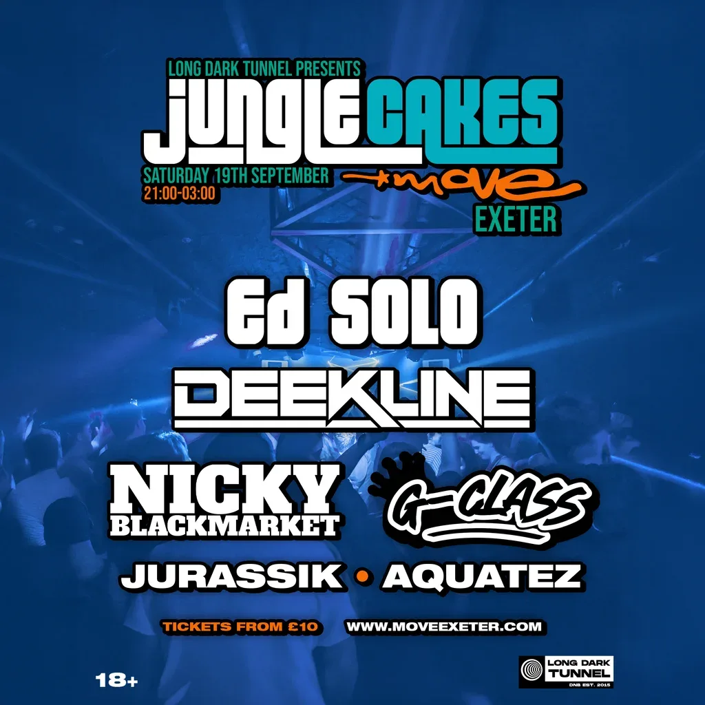Flyer for Jungle Cakes - ED SOLO, DEEKLINE + more | 19.09.26 | Exeter