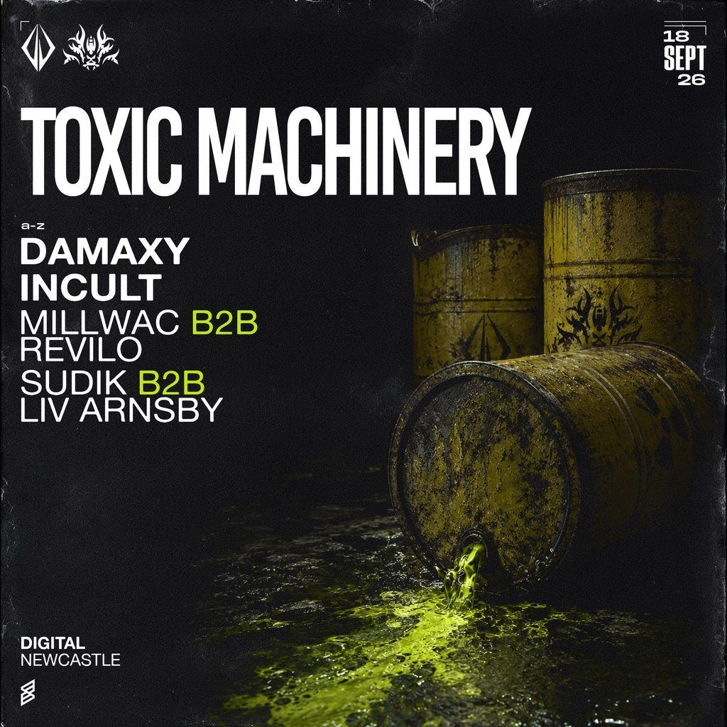 Flyer for Dvoid x Khaotic Present: Toxic Machinery, Incult, Damaxy & More