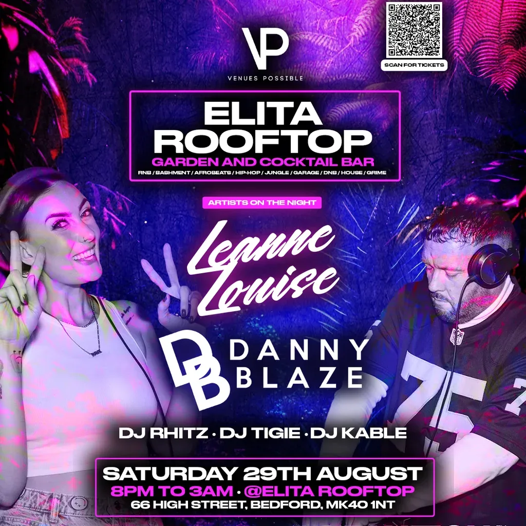 Flyer for Leanne Louise Danny Blaze DJ Rhitz and DJ Tigie 29 August Elita