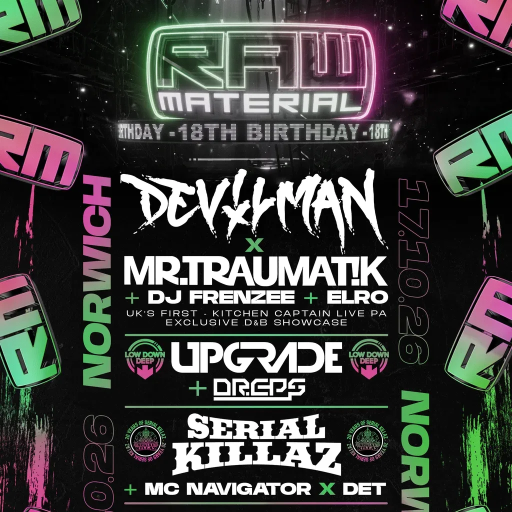 Flyer for Raw Material 18th Birthday FT Devilman X MR.Traumatik + More