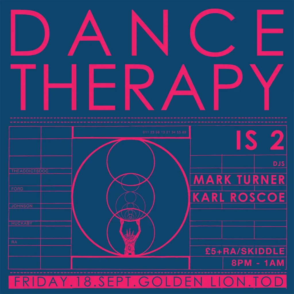 Flyer for Dance Therapy with DJs Mark Turner and Karl Roscoe