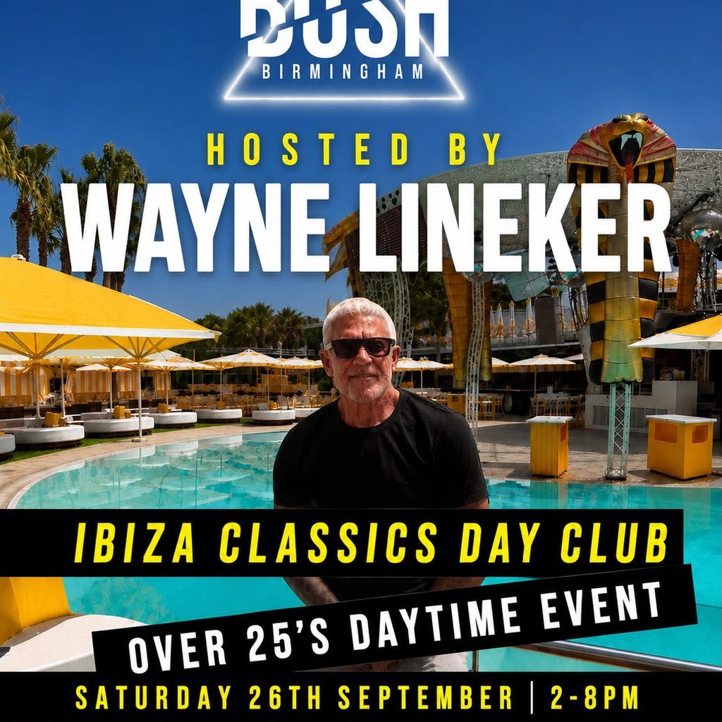 Flyer for Ibiza classics hosted by WAYNE LINEKER day club