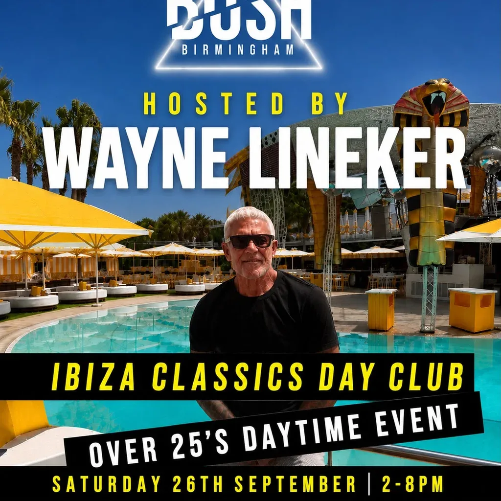 Flyer for Ibiza classics hosted by WAYNE LINEKER day club