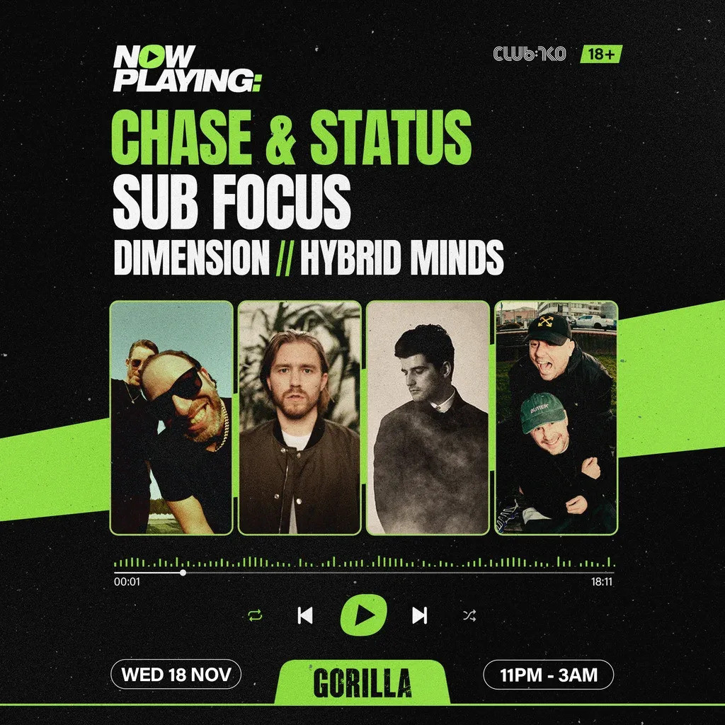 Flyer for NOW PLAYING: Chase & Status, Sub Focus, Dimension & Hybrid Minds