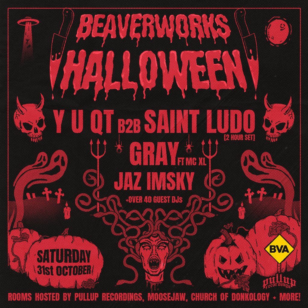 Flyer for Beaver Works Halloween w/ Y U QT b2b Saint Ludo, Gray + more