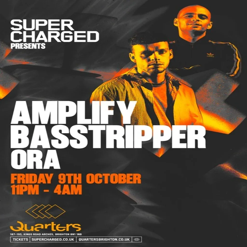 Flyer for SuperCharged Presents Amplify & Basstripper