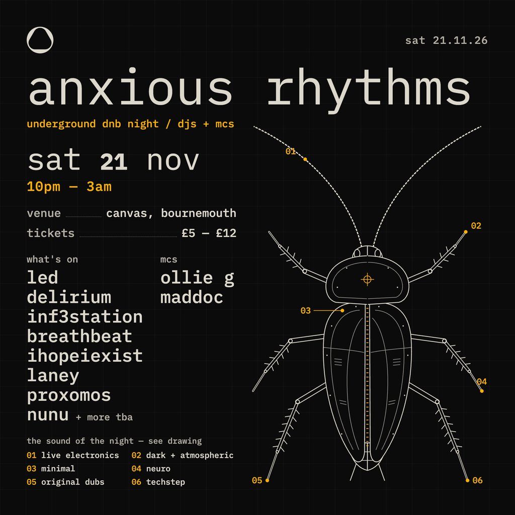 Flyer for Anxious Rhythms, presented by Breathbeat and Ollie G